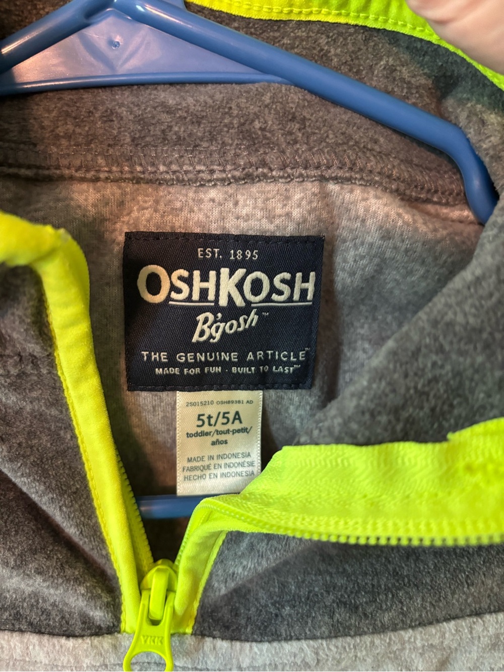 OshKosh BGosh - Gray & Neon Yellow Quarter-Zip Fleece Pullover size 5T - Picture 5 of 5